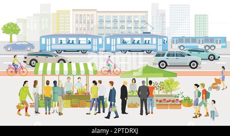 Wochenmarkt in einer Einkaufsstraße, Stadtleben, Illustration Stock Vektor