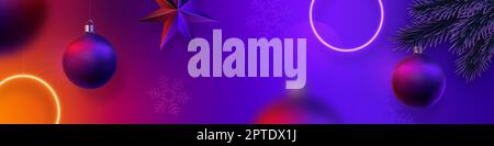 Banner für Weihnachten und Silvester. Rot und lila leuchtend, Neonkreise, Weihnachtsbälle, Schneeflocke, Stern im futuristischen Hintergrund. Bewegungsunschärfe effektiv Stockfoto