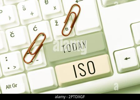 Textschild mit ISO, Word für internationales Standardsetzungs-Design, um die Dienstleistungen von Produkten zu verbessern Stockfoto