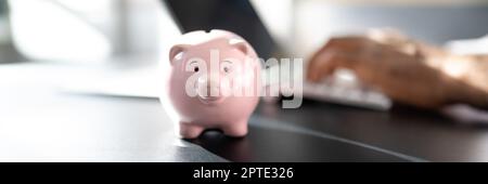 Sparen Sie Geld Online Mit Bank Piggy Und Laptop-Computer Stockfoto