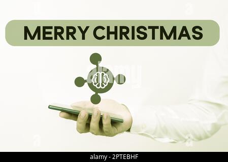 Textunterschrift präsentiert Frohe Weihnachten, Geschäftskonzept jährliche Tradition zur Feier der Geburt Jesu Christi Stockfoto