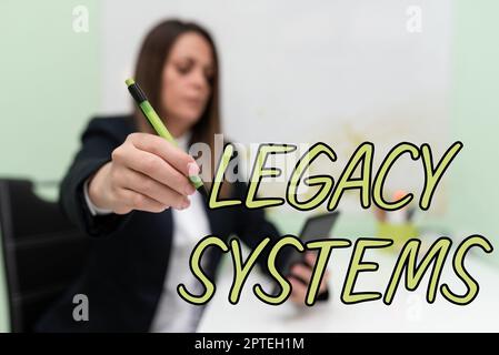 Schild, das Legacy Systems, Business Schaufensterbuch oder andere Sammlung von Finanzkonten flache Steinplatte zeigt Stockfoto