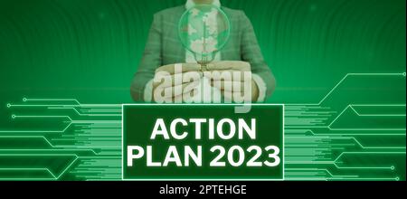 Konzeptunterschrift Aktionsplan 2023, Liste der zu befolgenden Geschäftskonzepte enthält eine Reihe von Maßnahmen, die im nächsten Jahr erledigt werden sollen Stockfoto