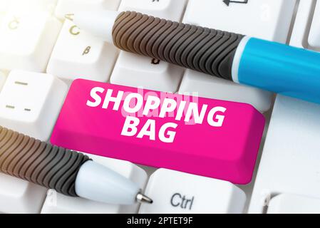 Textunterschrift mit Einkaufstasche, Container für den Geschäftsansatz zum Mitführen von persönlichen Gegenständen oder Einkäufen Stockfoto