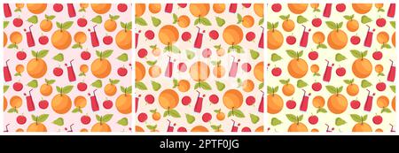Set aus Vegetarisch, Obst oder Gemüse Nahtloses Musterdesign mit frischen, organischen und natürlichen Lebensmitteln in Hand gezeichnet flache Cartoon Hintergrund Illustration Stockfoto