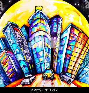 Abstraktes Aquarell mit einer farbenfrohen futuristischen Stadt mit Autos, Wolkenkratzern und einem großen Mond am Himmel. Stockfoto
