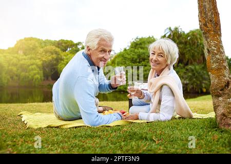 Picknicks sind ihr Lieblingsessen. Porträt eines Seniorenpaares, das ein Picknick in einem Park genießt Stockfoto