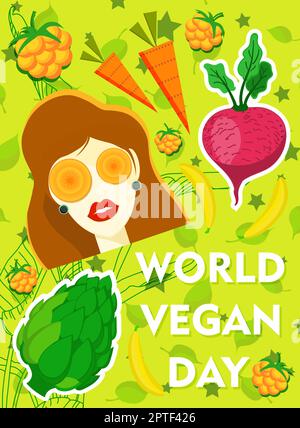 Seien Sie grün. Modisches vertikales Banner zum Thema Vegetarismus. Veganer Tag Stockfoto