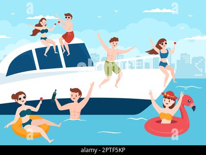 Yachten Vorlage Handgezeichnete Cartoon flache Illustration mit Menschen Tanzen, Sonnenbaden, Cocktails trinken und entspannen auf der Kreuzfahrt-Yacht am Ozean Stock Vektor