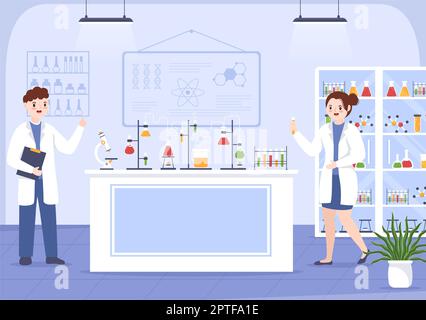 Laboratorium mit der Durchführung von Forschung wissenschaftlich, Experimentieren und Messen in einem Labor in flachen Cartoon Handgezeichnete Vorlagen Illustration Stockfoto