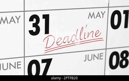 Frist für einen Kalender geschrieben - 31. Mai Stockfoto