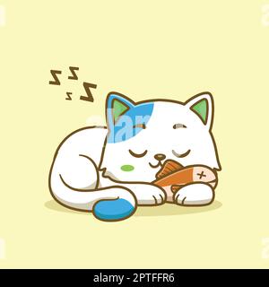 Süße Katze, die mit einem Fisch-Cartoon schläft Stock Vektor