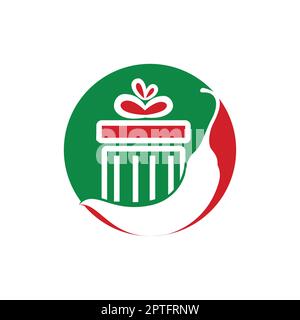 Design-Vorlage für „Spicy Gift Vector“-Logo. Rotes Chili-Logo mit Vektormuster. Stock Vektor