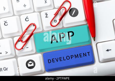 Textunterschrift, die App-Entwicklung, Word präsentiert, geschrieben über die Herstellung von Computersoftware mit einem speziellen Zweck Stockfoto