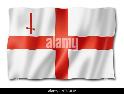 Flagge in London, Großbritannien schwenkt Bannersammlung. 3D-Abbildung Stockfoto