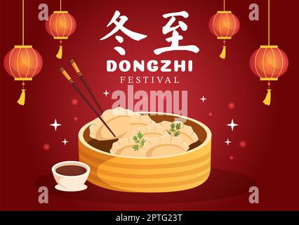 Dongzhi oder Winter Solstice Festival Vorlage Handgezeichnete Cartoon flache Illustration mit Familie genießen chinesisches Essen Tangyuan und Jiaozi Konzept Stockfoto