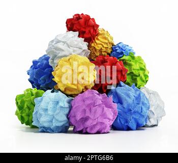 Mehrfarbige zerbröckelte Papiere isoliert auf weißem Hintergrund. 3D Abbildung. Stockfoto