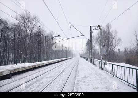 Eisenbahn Landschaft in der kalten Jahreszeit. Schneebedeckten Bahnhof Plattform und Neblig bewölkten Himmel bei starkem Schneefall Stockfoto