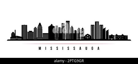 Horizontales Banner der Skyline von Mississauga. Schwarz-weiße Silhouette von Mississauga, Ontario. Vektorvorlage für Ihre Konstruktion. Stockfoto