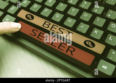 Schild mit der Aufschrift „Bestseller, Internet Concept“ (Bestseller, Internetkonzept), einem in großen Mengen produzierten gut mit hohem Kaufaufkommen Stockfoto