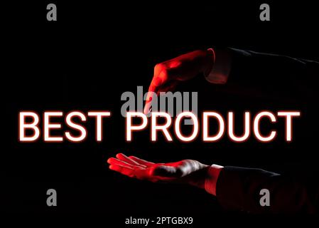 Schild mit der Aufschrift „Bestes Produkt“, „Wort für ein bestimmtes gut“, das von seiner Vielfalt sehr geschätzt wird Stockfoto