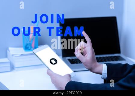 Schreiben mit Text Werden Sie Teil unseres Teams, Word for Allied Associate Arbeiten Sie mit uns Neue Mitarbeiter eingestellt Enlist Stockfoto