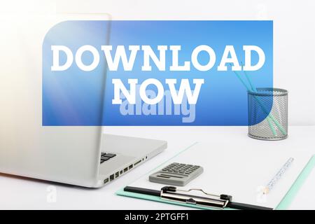 Inspiration showing sign Jetzt herunterladen, Konzept bedeutet, Programme oder Informationen auf ein anderes Gerät zu kopieren oder zu verschieben Stockfoto