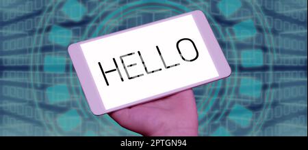 Schild mit „Hallo, Geschäftskonzept, Änderung von „hallo“, was eine Änderung von „holla“ oder „hollo“ war Stockfoto