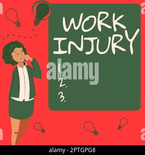 Schreiben mit Text Arbeitsverletzung, Word für einen Unfall als Folge von Wehen, die zu einem Schaden führten Stockfoto