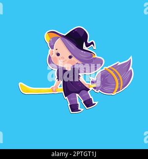 Sticker Baby Hexe Mädchen gruselig fliegender Besen Stock Vektor