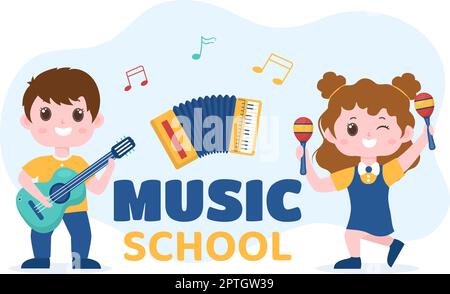 Musik Schule Vorlage in Hand gezeichnet Cartoon flache Illustration Spielen verschiedene Musikinstrumente, Lernen Bildung Musiker und Sänger Stock Vektor