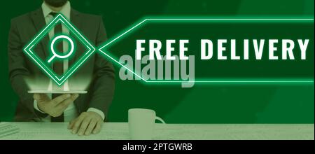 Handschriftlicher Text Kostenlose Zustellung, Geschäftskonzept Versandpaket Fracht Kurier Auslieferungszentrum zerbrechlich Stockfoto