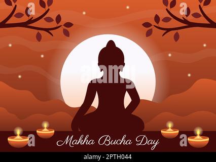 Happy Makha Bucha Day Template Handgezeichneter Cartoon flache Illustration Buddha sitzt in Lotusblume unter Bodhi Baum in der Nacht von Mönch umgeben Stock Vektor