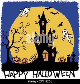 Handgezeichnete Halloween-Illustration von Spukhaus und Vollmond, Fledermäusen und Geistern Stock Vektor