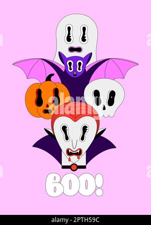 Halloween-Feiertage. Bunte, gruselige Fantasiefiguren auf pinkfarbenem Hintergrund. Vampir Dracula, Fledermaus, Kürbis, Schädel, Geist. Boo-Schriftzug. Cartoon, gruseliger Po Stockfoto