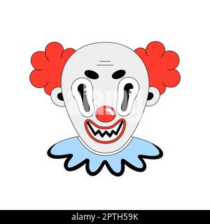 Unheimlicher Clown. Halloween gruselige Cartoon-Figur isoliert auf weißem Hintergrund. Flache Ausführung mit schwarzer Umrandung. Aufkleber, Aufdruck auf Kleidung, Notizbücher und Stockfoto