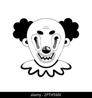 Unheimlicher Clown. Halloween gruselige Cartoon-Figur isoliert auf weißem Hintergrund. Schwarzer Umriss. Aufkleber, Aufdruck auf Kleidung, Notebooks und Handyhüllen. Ve Stockfoto