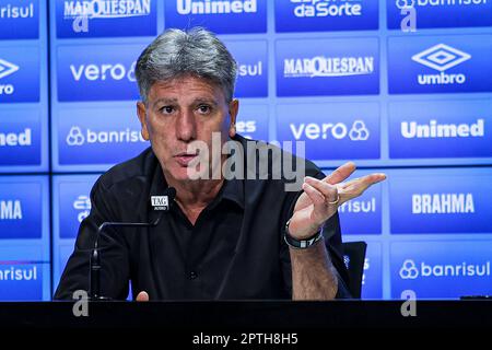 Porto Alegre, Brasilien. 28. April 2023. RS - PORTO ALEGRE - 27/04/2023 - COPA DO BRASIL 2023, GREMIO X ABC - Renato Portaluppi Coach von Gremio während einer Pressekonferenz nach dem Spiel gegen ABC im Arena do Gremio Stadion für die Copa do Brasil Meisterschaft 2023. Foto: Maxi Franzoi/AGIF/Sipa USA Kredit: SIPA USA/Alamy Live News Stockfoto