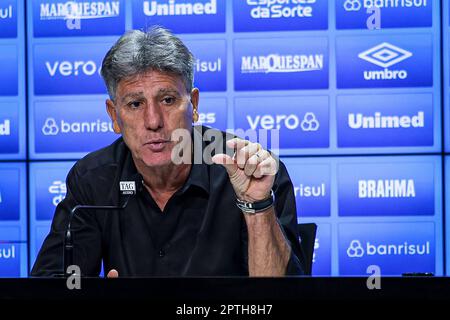 Porto Alegre, Brasilien. 28. April 2023. RS - PORTO ALEGRE - 27/04/2023 - COPA DO BRASIL 2023, GREMIO X ABC - Renato Portaluppi Coach von Gremio während einer Pressekonferenz nach dem Spiel gegen ABC im Arena do Gremio Stadion für die Copa do Brasil Meisterschaft 2023. Foto: Maxi Franzoi/AGIF/Sipa USA Kredit: SIPA USA/Alamy Live News Stockfoto