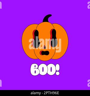 Beängstigender Kürbis. Halloween gruselige Cartoon-Figur auf lila Hintergrund. Flache Ausführung mit schwarzer Umrandung. Boo-Schriftzug. Posrer, Postkarte, Abdruck auf Stoff Stockfoto
