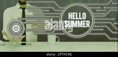 Schild mit der Anzeige „Hallo Sommer“, Geschäftskonzept Begrüßung die wärmste Jahreszeit des Jahres kommt nach dem Frühling Stockfoto