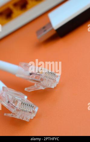 Internet-Router, tragbarer USB-wi-Fi-Adapter und Internetkabelstecker liegen auf hellem orangefarbenen Hintergrund. Für die Internetverbindung erforderliche Elemente Stockfoto