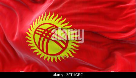 Nahaufnahme der kirgisischen Nationalflagge, die im Wind winkt. Die Kirgisische Republik ist ein unabhängiger Staat Zentralasiens. Texturierter Rückenstoff Stockfoto