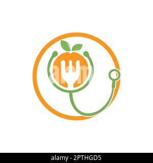 Logo-Design-Vorlage für medizinische Lebensmittelvektoren. Stethoskop und gesunde Ernährung Logo-Konzept. Stock Vektor