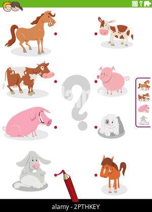 Kombinieren Sie Cartoon-Bauernhoftiere mit den Lernaktivitäten ihres Babys Stock Vektor