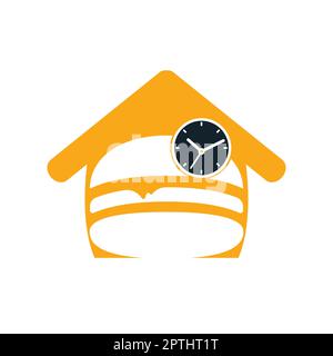 Designvorlage für das Burger Time Vector Logo. Großer Burger mit Uhrsymbol-Logo. Stock Vektor