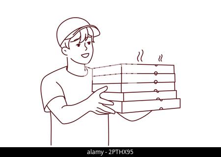 Lächelnder Lieferer mit Pizzaschachteln Stock Vektor