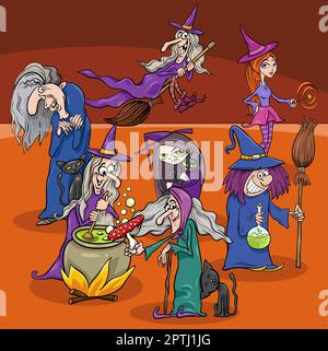 Cartoon-Hexen-Charaktere versammeln sich an Halloween Stock Vektor