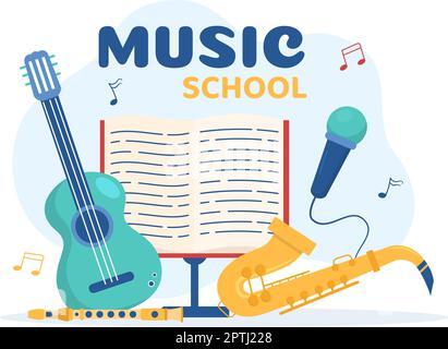 Musik Schule Vorlage in Hand gezeichnet Cartoon flache Illustration Spielen verschiedene Musikinstrumente, Lernen Bildung Musiker und Sänger Stock Vektor