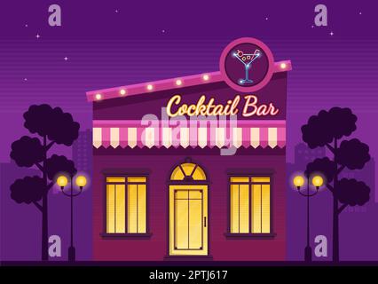 Cocktailbar oder Nachtclub mit Freunden Hanging Out mit alkoholischen Fruchtsaftgetränken oder Cocktails auf Flat Hand Drawn Cartoon Template Illustration Stock Vektor